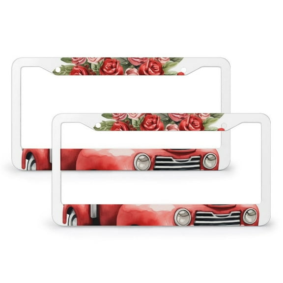 2 Pack Buffalo Plaid Tulips Truck Red Love Heart Roses License Plate Frame Happy Valentines Day Funny License Plates Quality Aluminum 2 Round Holes for US Standard Vehicles for Women Men