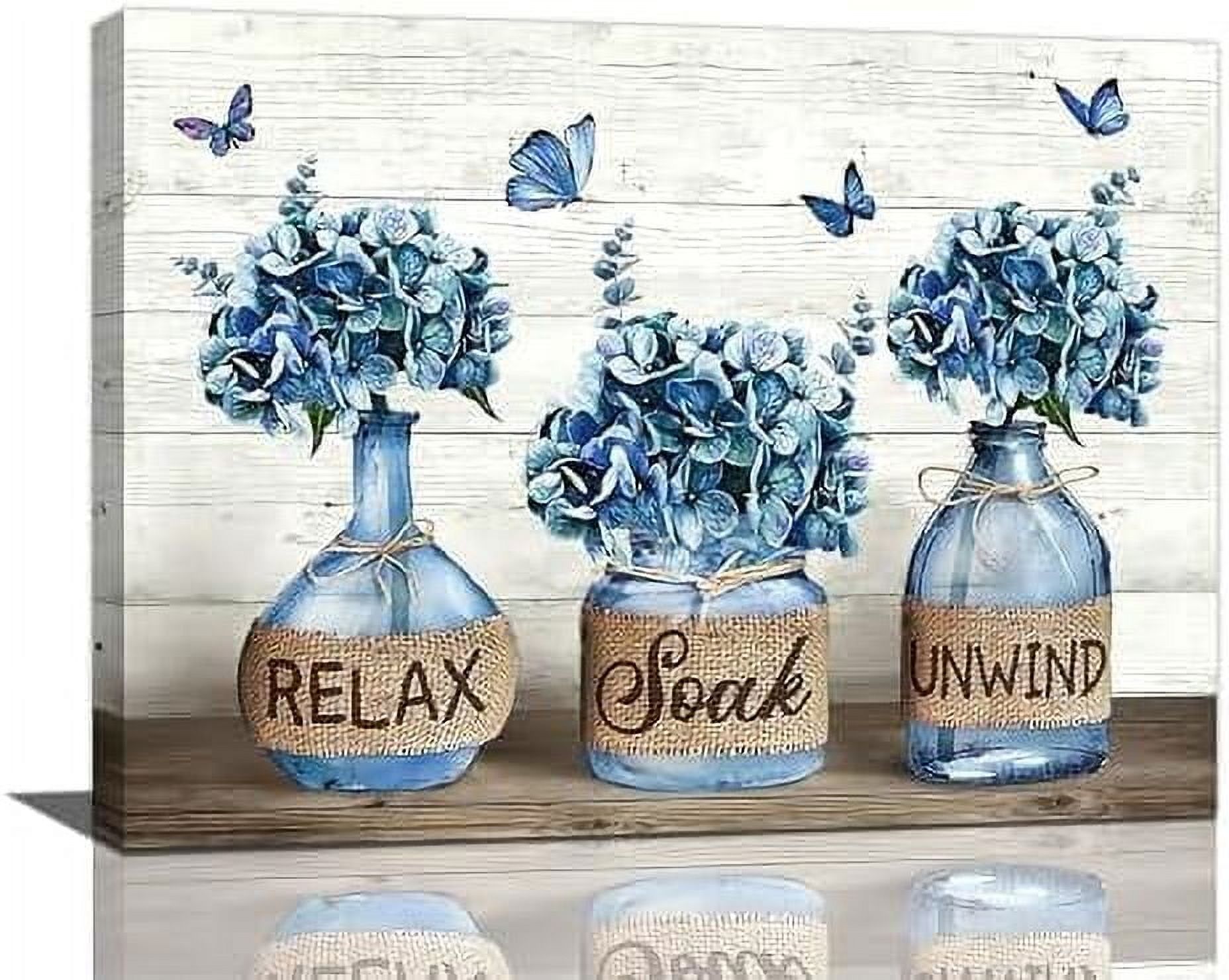 Farmhouse Bathroom Decor Wall Art Navy Blue Hydrangea Flower Bathroom Pictures Canvas Prints Country Relax Soak Unwind Sign Artwork Modern Home Decor for Bathroom Framed Ready to Hang 12"x16"