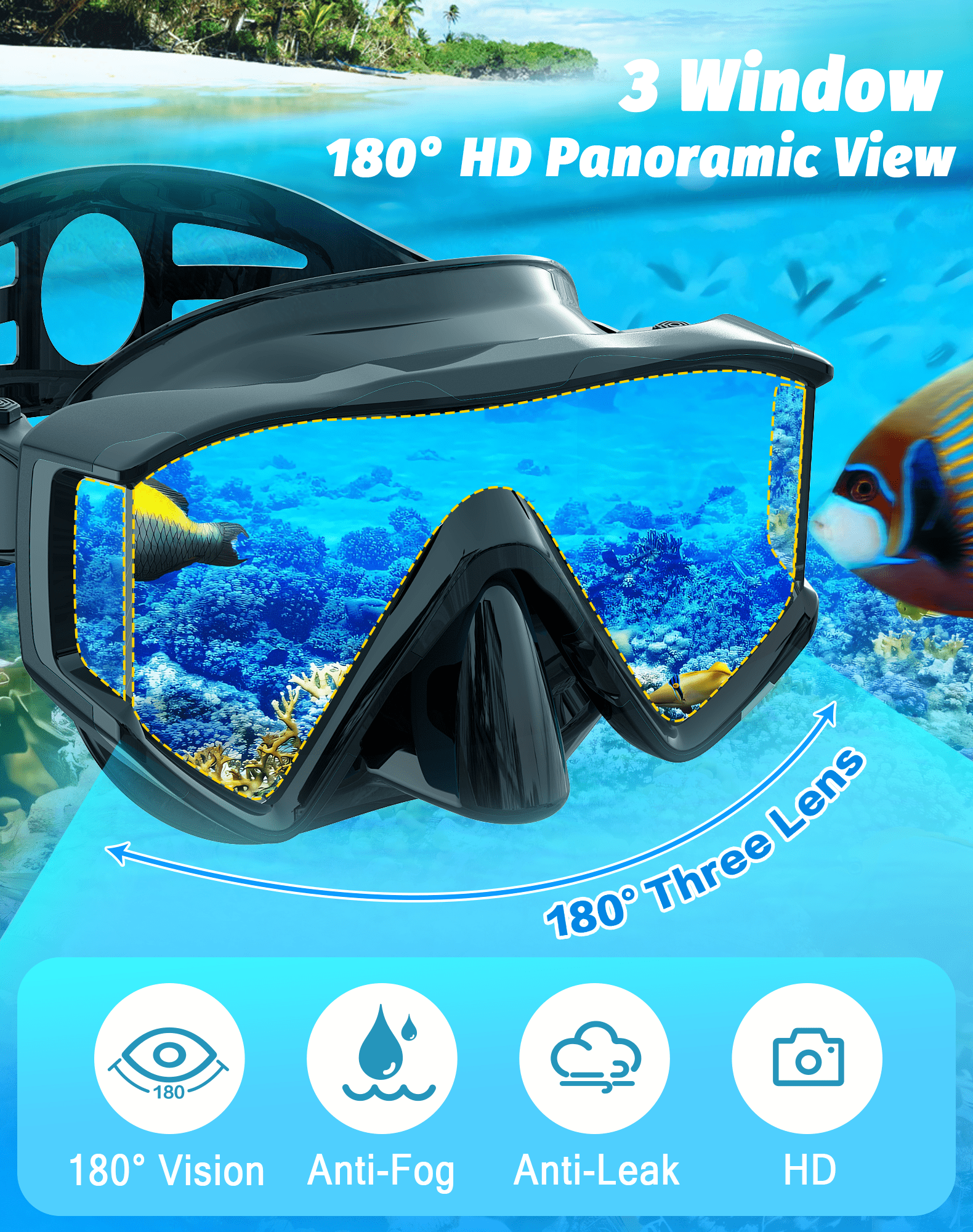 Greatever Snorkel Set Adults, 3 Window Panoramic View Snorkel Mask Anti-Fog, Leak-Proof Scuba Diving Mask with Mesh Bag, Dry Top Mask and Snorkel Set for Adult BLACK