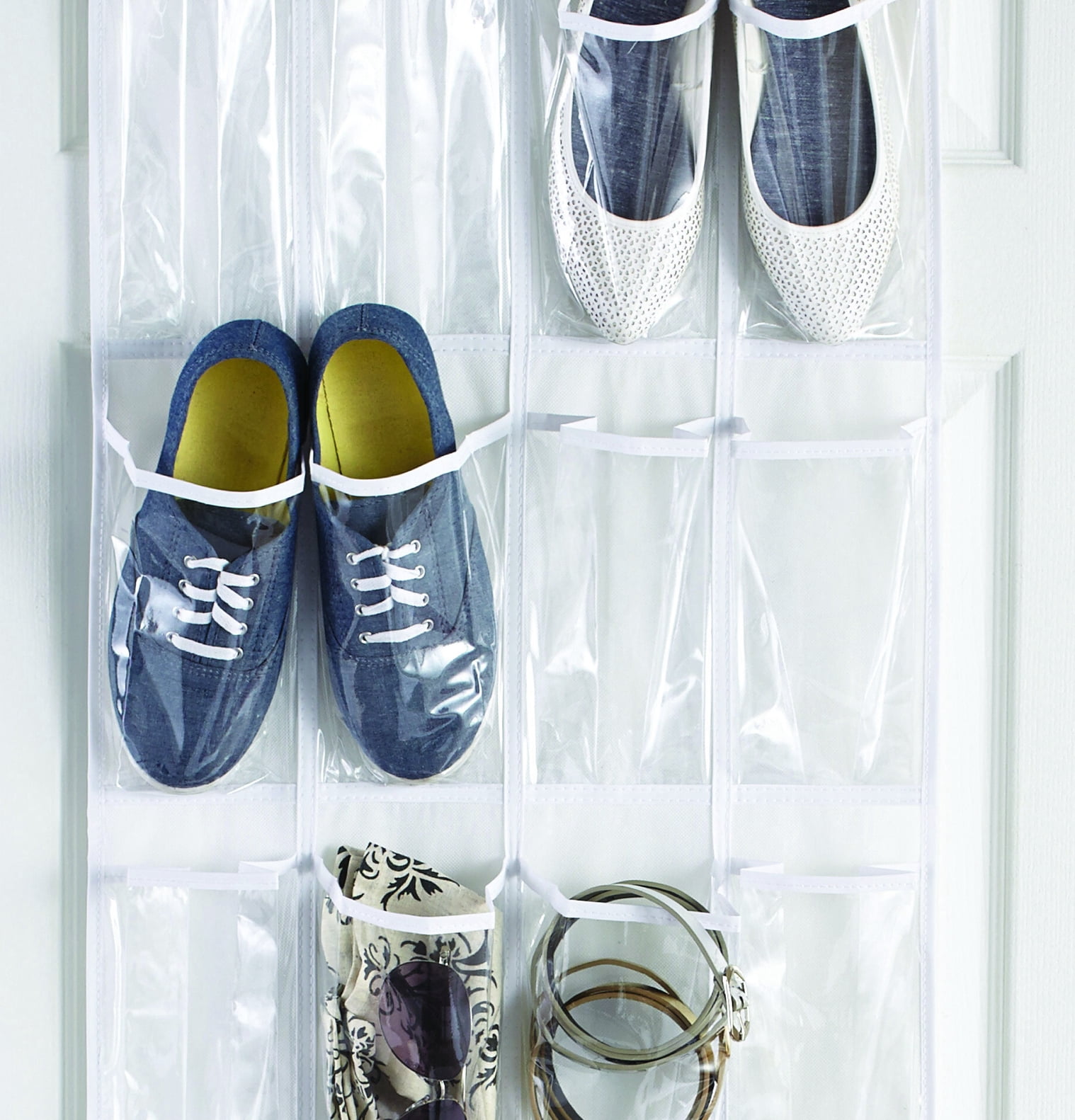 Mainstays 24 Pocket Over-the-Door Shoe Organizer, Clear Pockets, Non-Woven Polypropylene, White