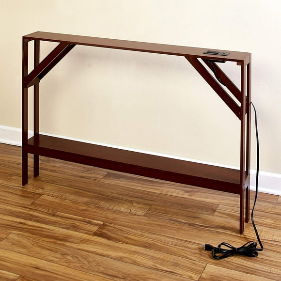The Lakeside Collection Skinny Console Sofa Table with Power Outlets and USB Ports, Walnut