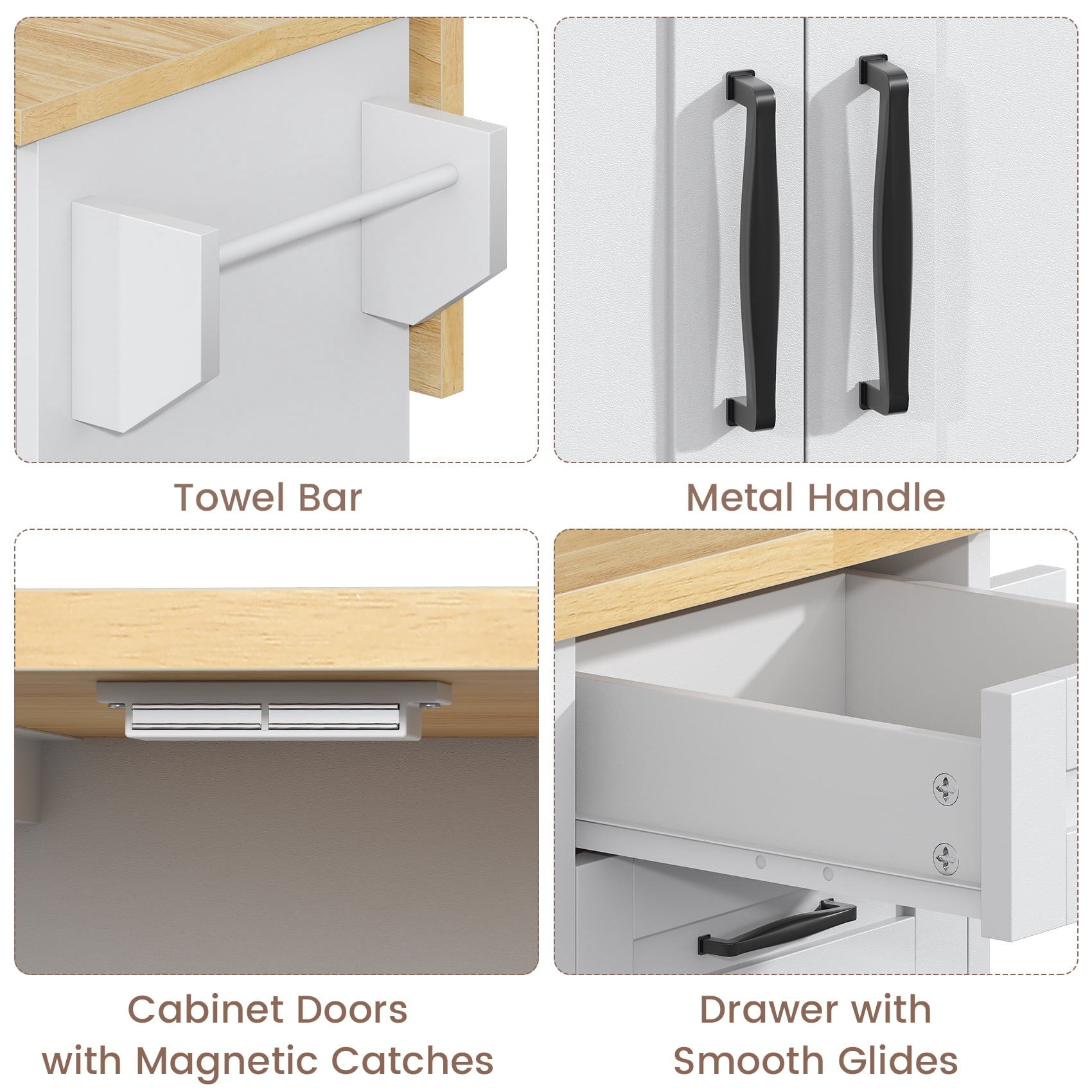 Meteorleg 51.2'' Kitchen Island Cart on Wheels, 3-Doors 2-Drawers Rolling Storage Cart with Adjustable Shelves & Rubberwood Countertop, White