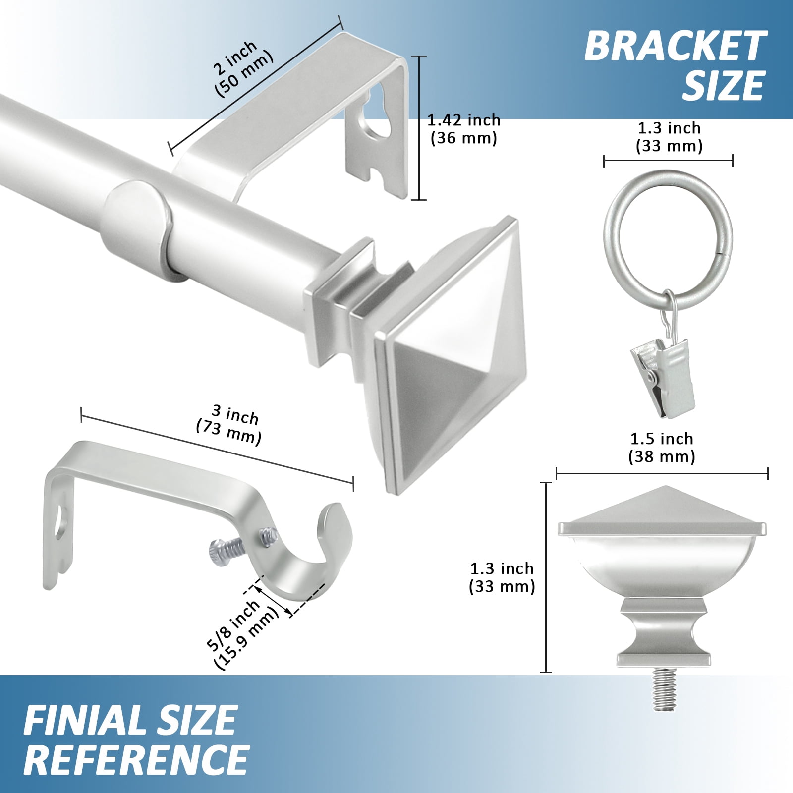 Urbanest Single Curtain Rod with 8 Clip Rings & Decorative Square Urn Finials – Classic Metal Window Drapery Rod Set, Heavy-Duty & Adjustable, 5/8" Diameter, 28" to 48", Antique Silver/Pewter