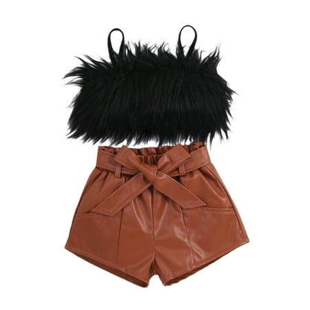 

Canrulo Toddler Baby Girls Summer Outfits Strap Fluffy Fur Cropped Tank Top PU Leather Shorts Pants 2PCS Clothes Black 4-5 Years