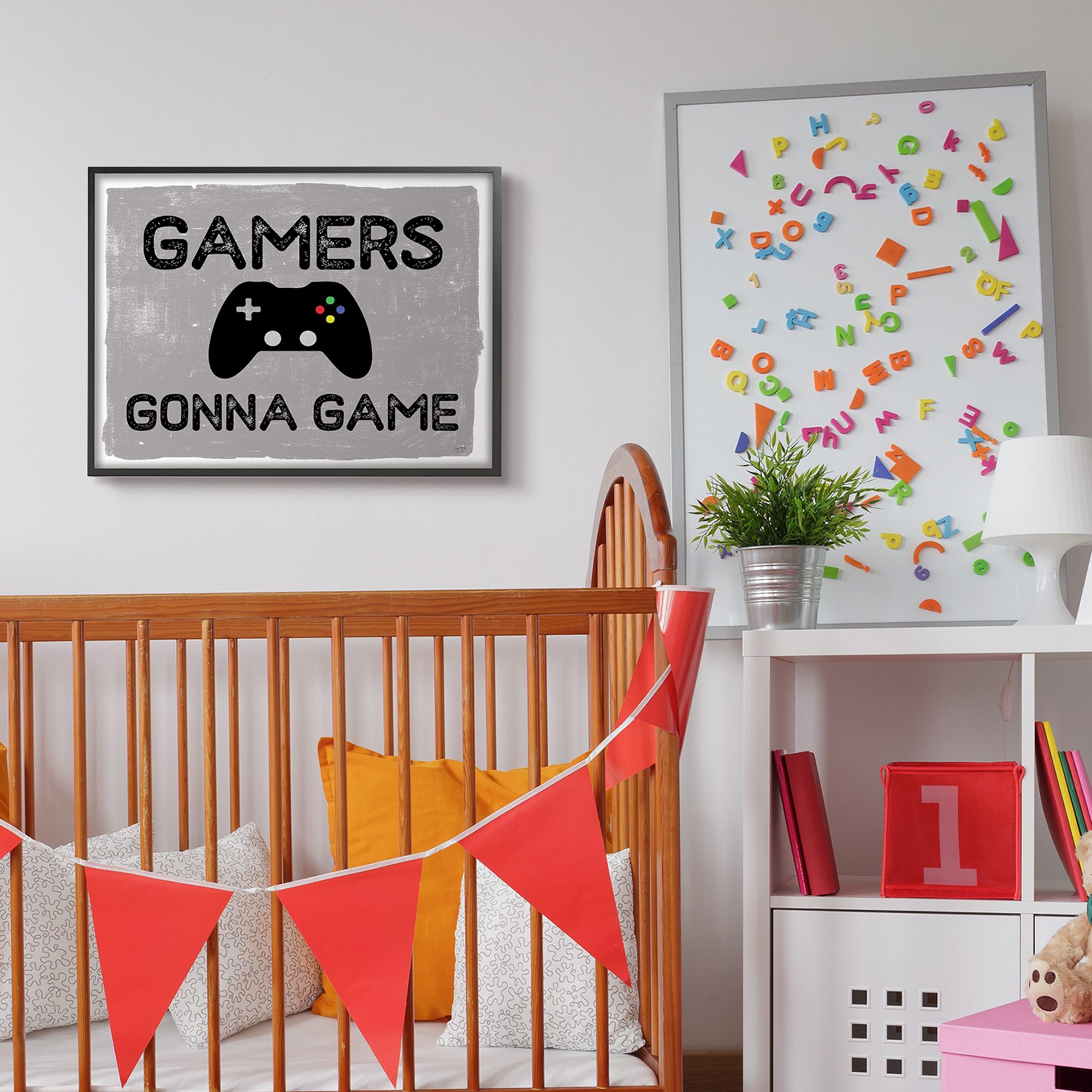 Gamers Gonna Game Phrase Controller Distressed Pattern 30 in x 24 in Framed Drawing Art Prints, by Stupell Home Décor