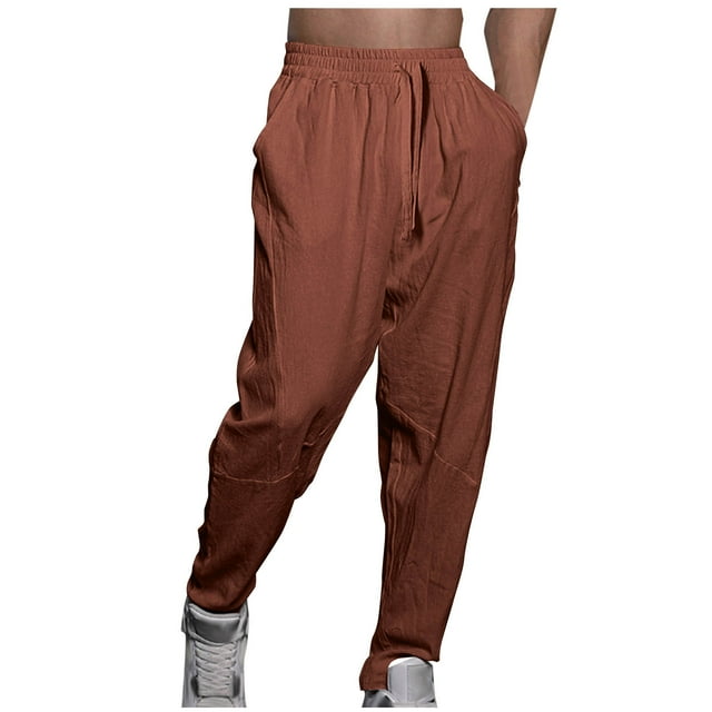 Mens Casual Linen Pants Loose Fit Elastic Drawstring Waist Straight Leg Summer Beach Long Pants