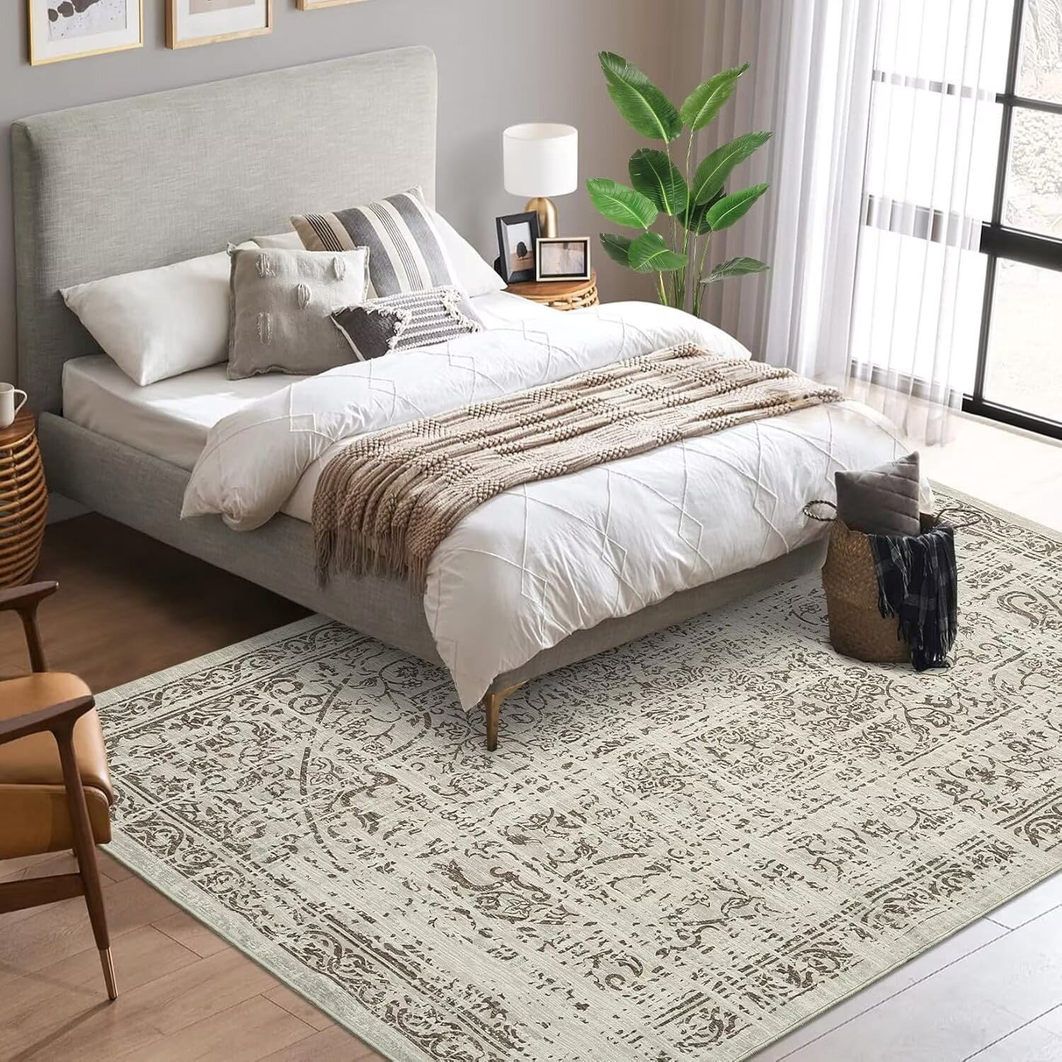 FairOnly Large Area Rugs 8'x10' Vintage Distressed Washable Carpet for Bedroom Camel Stain-Resistant for Home Office