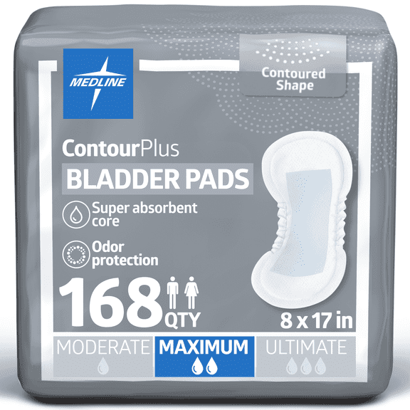 Medline ContourPlus Bladder Control Pads for Men and Women, Maximum Absorbency, 6.5 x 13.5in, 168 Count