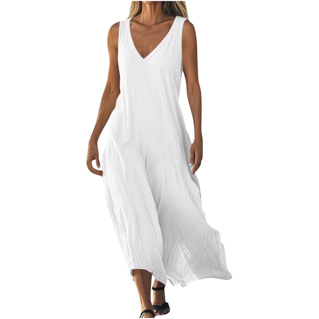Admvng Robes pour Femmes Décontractées à Col en V Sans Manches Robe d'Été Grande Taille Ample Longue Robe de Plage d'Été P-2TG