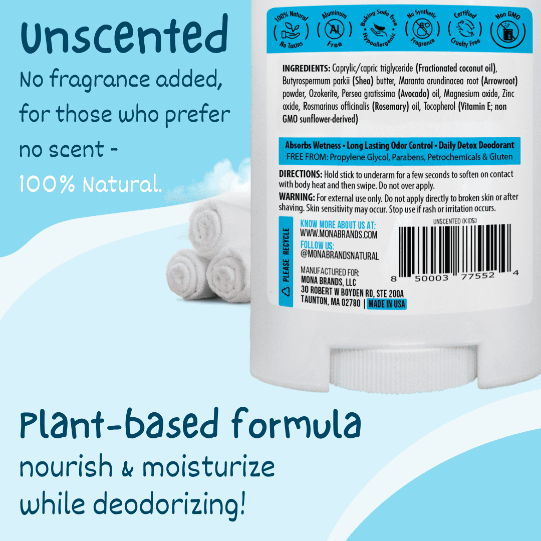 MONA Unscented Natural Deodorant for Kids & Teens, Hypoallergenic, Vegan, Safe for Sensitive Skin, 1.76 oz