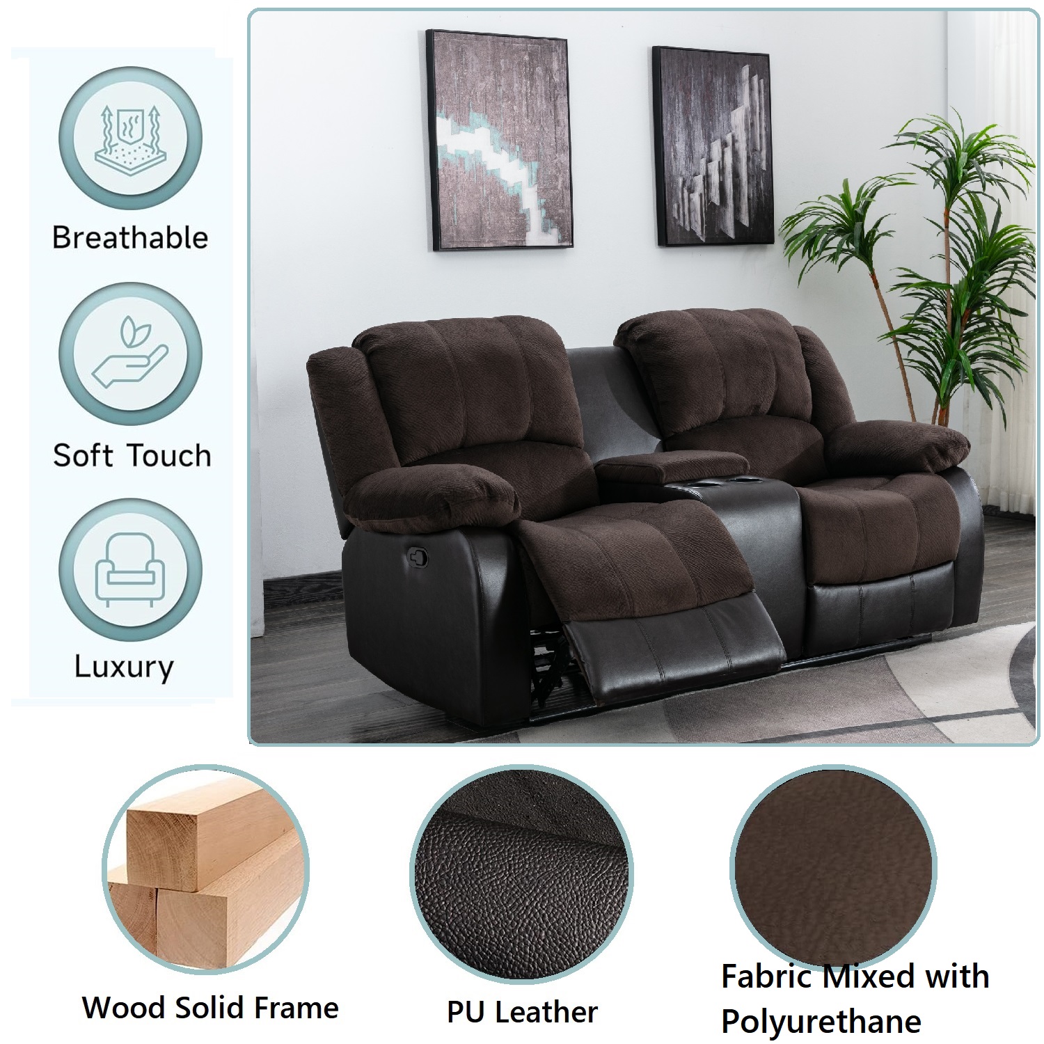 Nathaniel Home Manual Reclining Sofa, PU Leather Upholstered Double Recliner Loveseat, 2-Seater Home Theater Seating with Console, Arm Sofa Recline Chair for Living Room, Brown