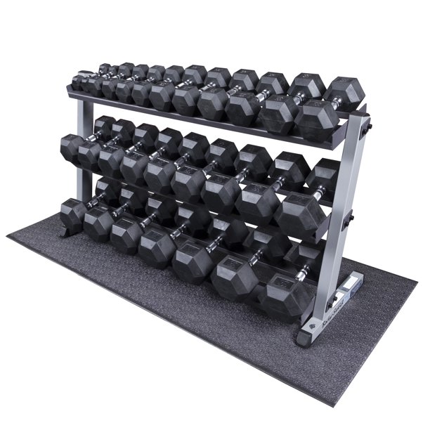 Heavy Duty Rubber Coated Dumbbell Set With Rack Mat 5 70 Lbs Pairs Body Solid Walmart Com Walmart Com