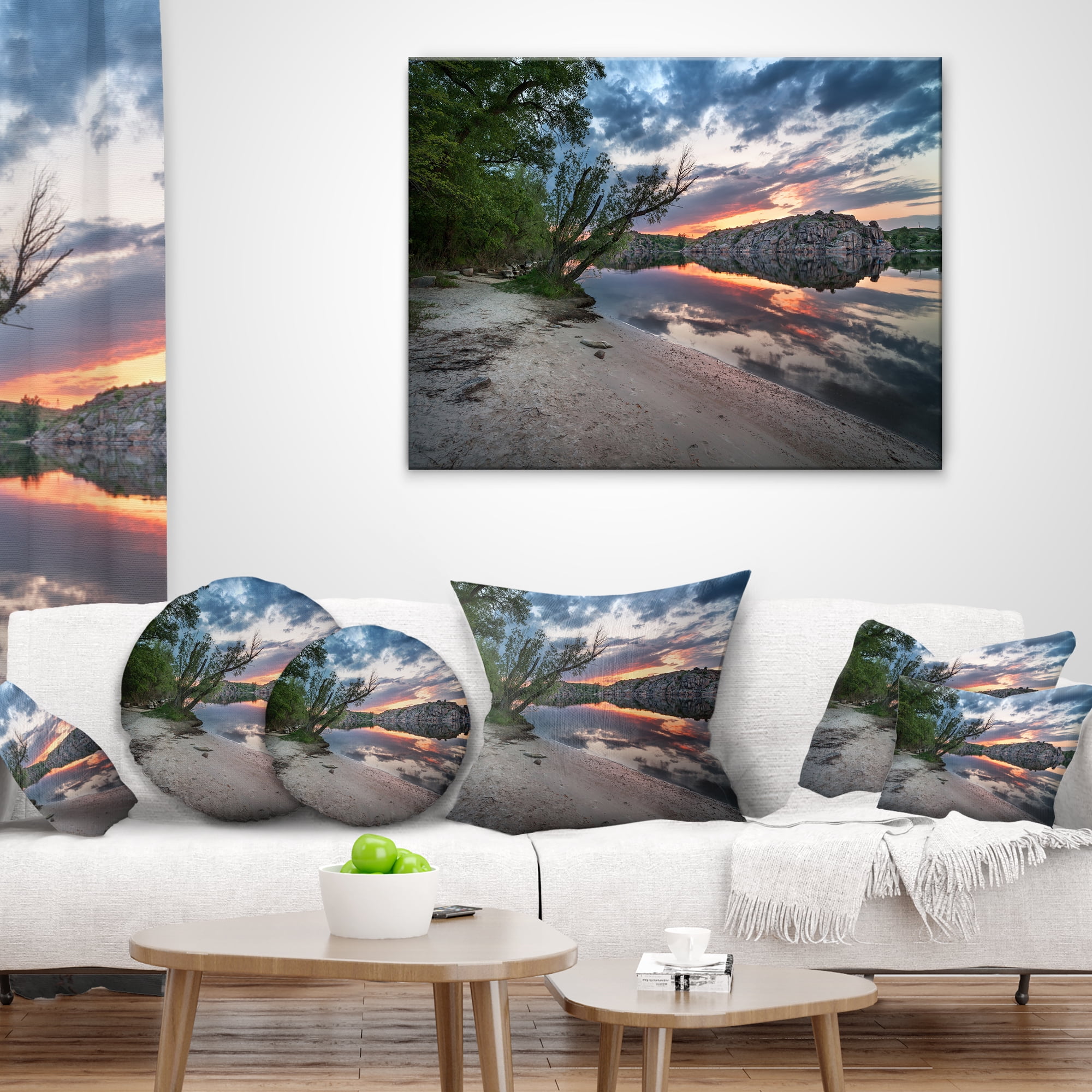 Designart Sunset at River with Large Rock - Landscape Photo Throw Pillow - 18x18