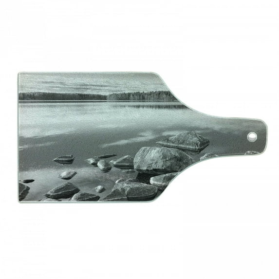 Black and White Cutting Board, Rocks in Water at Shore of Lake Autumn Isolation Tranquility Environment, Tempered Glass Cutting and Serving Board, Wine Bottle Shape, Black White, by Ambesonne