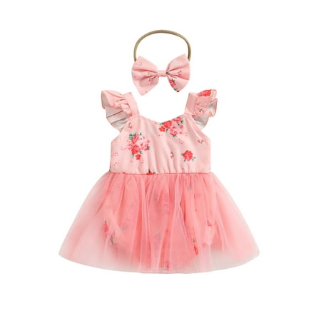 

ZIYIXIN Newborn Baby Girls Summer Romper Dress Sleeveless Mesh Floral Sundress Tutu Dress with Headband 2Pcs Set Pink 6-9 Months