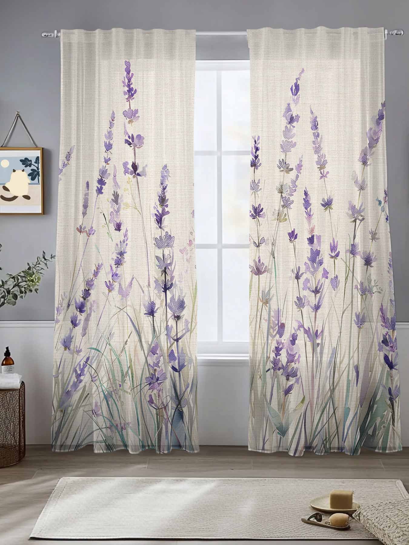 Spring Flower Sheer Curtains for Living Room Bedroom, Vintage Purple Lavender Linen Texture Light Filtering Sheer Curtain Rod Pocket Voile Window Treaments Drapes, 52 x 108 Inches