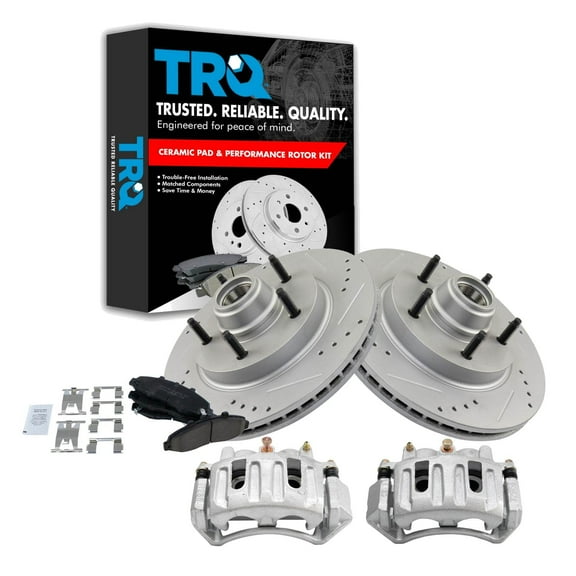 TRQ Front Performance Brake Pad & Rotor Kit Brake Caliper Brake Pads Brake Rotors Set Ceramic Vented Premium G-Coated Fits Select 1997-1999 Ford F-150