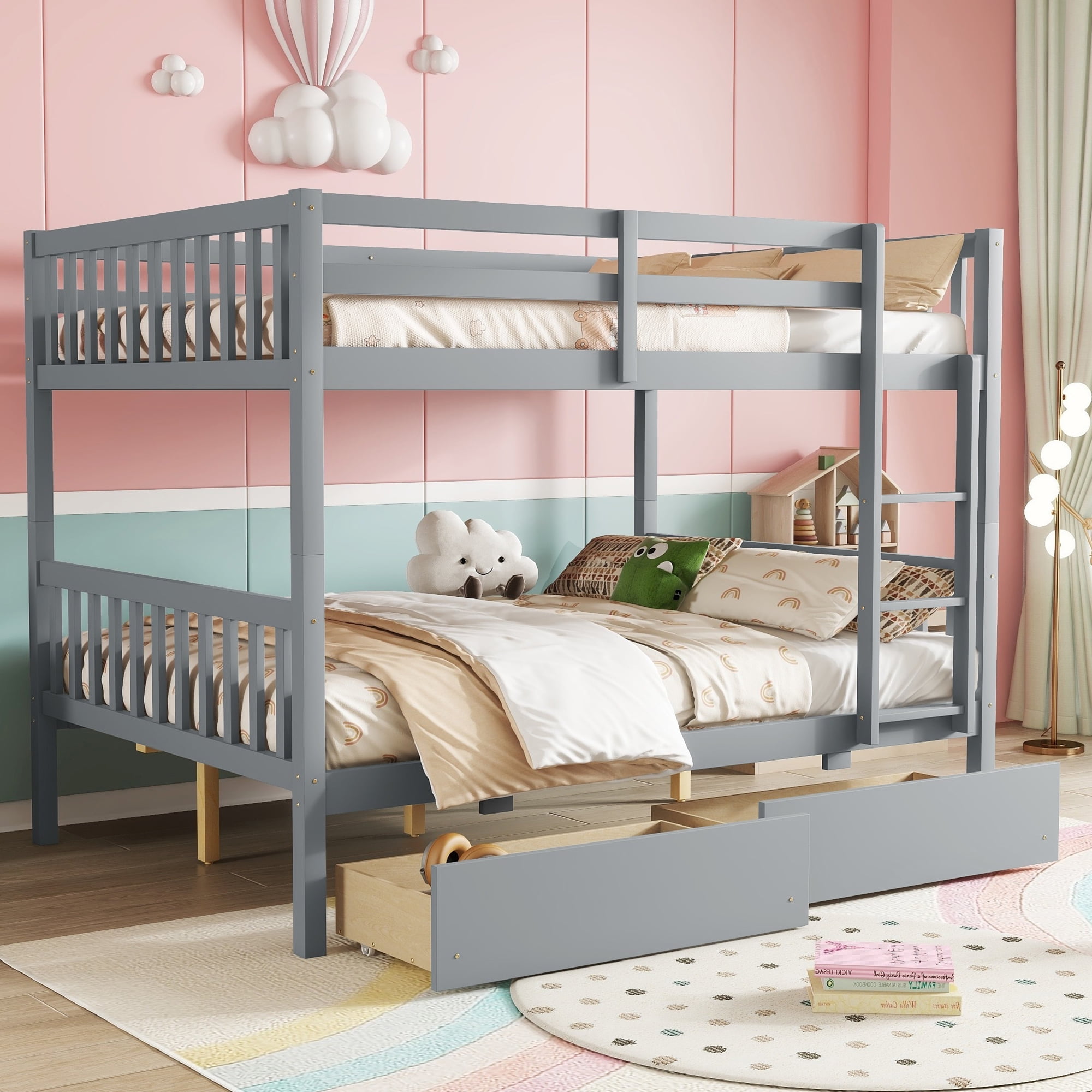 Sailvan full Over full Rubber Wood Bunk Bed with 2 Drawers, Convertible into 2 full Beds with Ladder