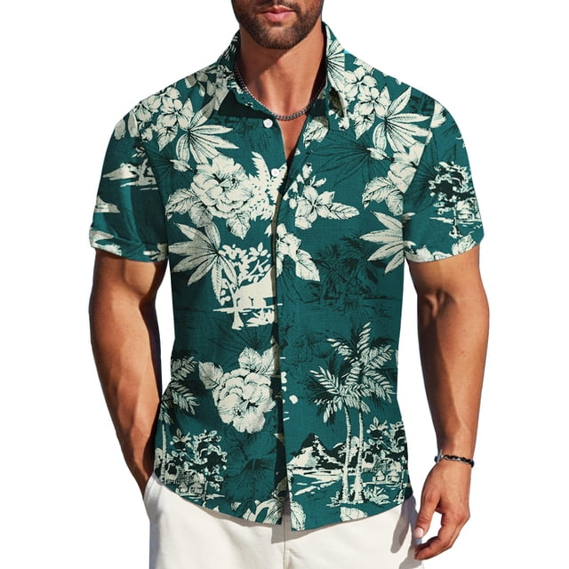 Camisa MAPICK Tropical de manga corta hawaiana verde playa para hombre