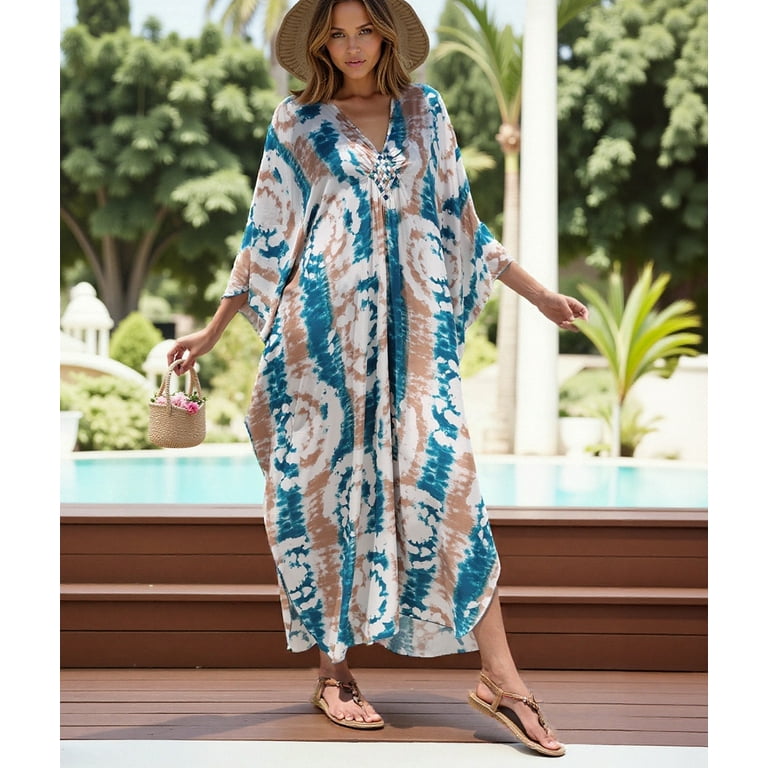 plus size beach cover up dresses Boho Summer Beach Cover Up Dress – Sheer Button-Up V-Neck Maxi in Blue | Women's Boho Fashion | One Size main image 0