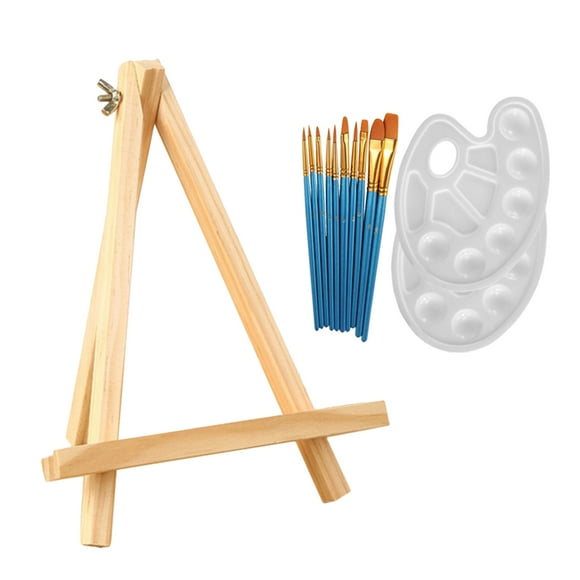 1 Set 13pcs Small Tabletop Wood Display Artist A-Frame Easel Photo Frame Bracket Photo Painting Triangle Easel with Paint Brush and