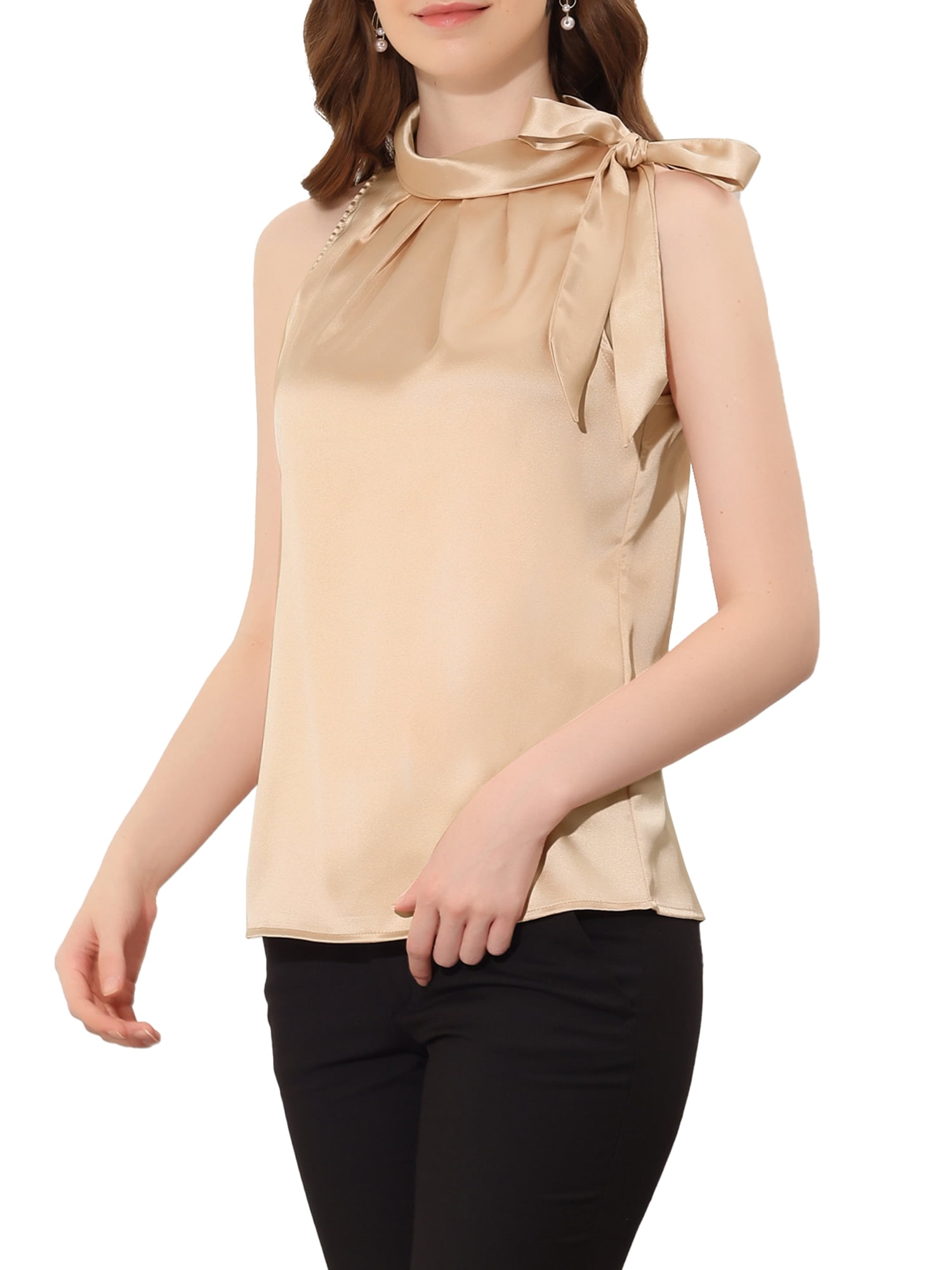 Unique Bargains Women's Elegant Sleeveless Bow Tie Neck Solid Work Blouse Tops XL Champagne