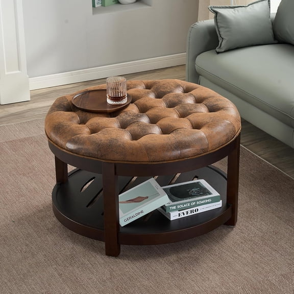 33'' PU Leather Large Round Ottoman Coffee Table with Storage, Upholstered Button Tufted Footrest Ottoman with Solid Wooden Round Tray,Coffee Table for Living Room, Light Brown