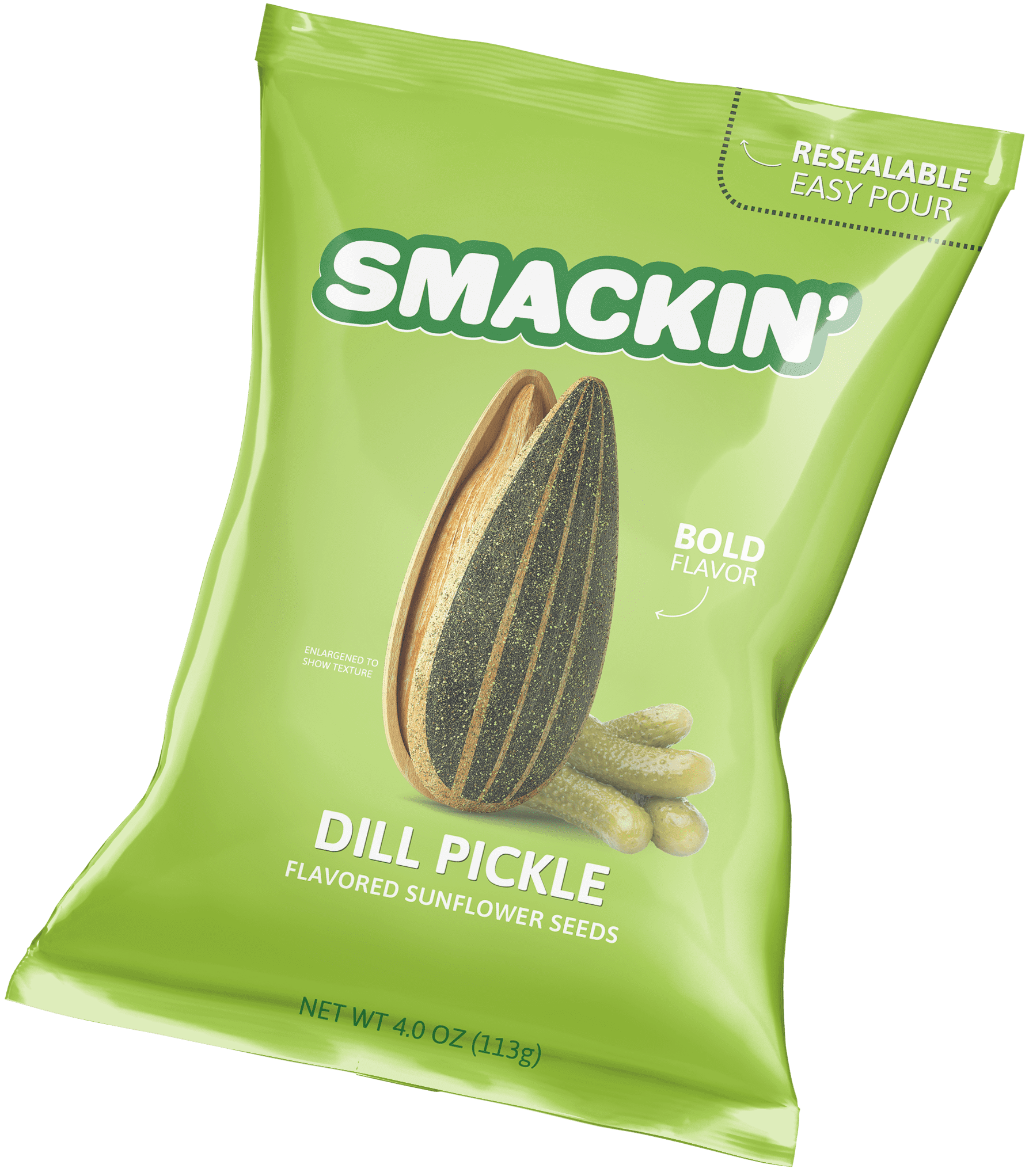 SMACKIN' - Jumbo Roasted Sunflower Seeds, No Salty Burn, American Made, Easy Pour & Seal - Dill Pickle, 4oz bag (12 Bags)