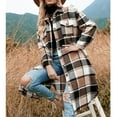 thumbnail image 5 of Women Long Flannel Plaid Shirts Side Split Long Sleeve Lapel Button Down Jacket for Women Girls Khaki M, 5 of 7
