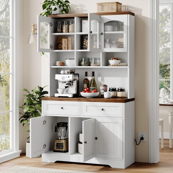 70.8" Tall Kitchen Pantry Cabinet with Charging Station, Storage Cabinet with Hutch, Fluted Glass Doors for Dining Room, White