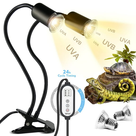 YMWVH Reptile Heat Lamp 2 Bulbs (25W 50W) - Double-Head Clamp, UVA UVB with Intelligent Cycle Timer for Turtle, Bearded Dragon, Lizard