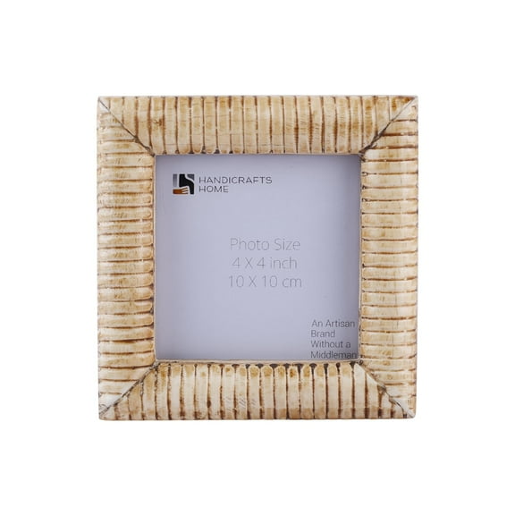 Handicrafts Home 4x4 Ridged Pattern Brown Handmade Bone Inlay Photo Frame – Rustic Tabletop & Wall Display, Farmhouse Décor