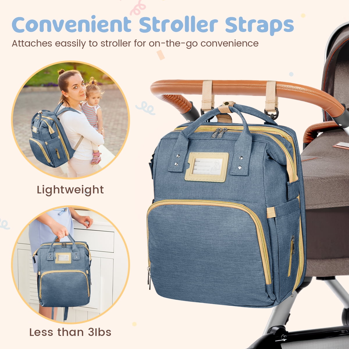 Diaper Bag Backpack, Multifunctional Baby Changing Bag with Foldable Crib & Insulated Milk Bottle Pocket, Large Capacity Travel Backpack with USB Charging Port & Stroller Strap (Dark Blue)