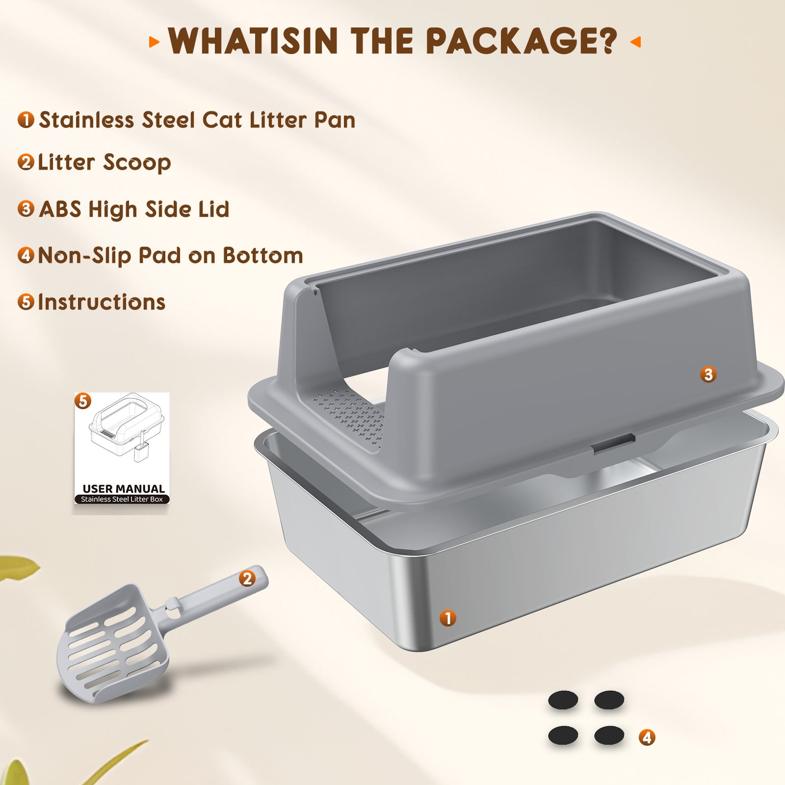 Litter Box with Large Litter Mat for All Cats, Upgraded Stainless Steel 23.6" Cat Litter Tray, High-Sided Open Top Cat Litter Box with Scoop, Anti-Scratch