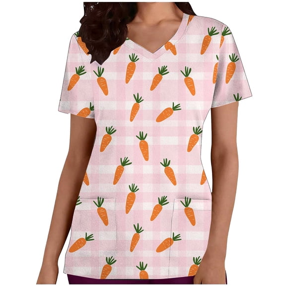 Tnhcen Women's Easter Print V-Neck Scrub Top, Short Sleeve Medical Workwear with Pockets, Holiday Themed Nurse Uniform, Plus Size S-2XL, 95% Polyester 5% Spandex Dobby Fabric