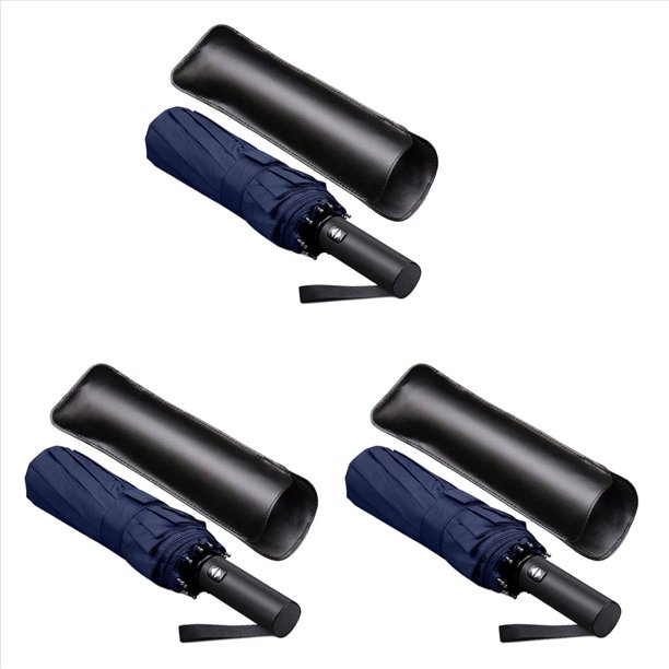 3X 12 Costillas A Prueba de Viento Paraguas de Viaje con Dosel de PTFE, Manejar Alargado con Boton de Apertura Automatica, Proteccion Compacta de la Lluvia (Azul)