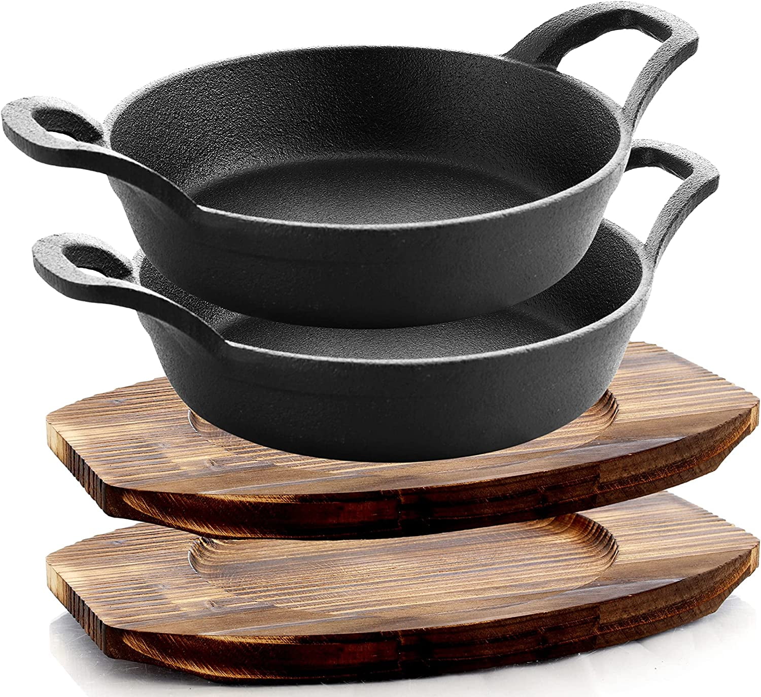 Artesa Small Frying Pan, Cast Iron, Non Stick, with Wooden Serving Board,  Grill Pan Sizzle Skillet with Stand, for Fajitas, BBQ, Omelette, Tapas and