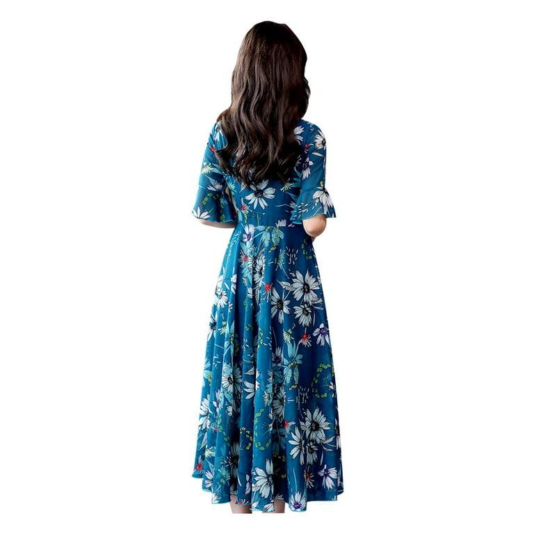 Miayilima Dresses for Women 2023 Women Floral Sleeve Dress Long Casual  Fashion A-Line Print V-Neck Slim Short Women's Dress