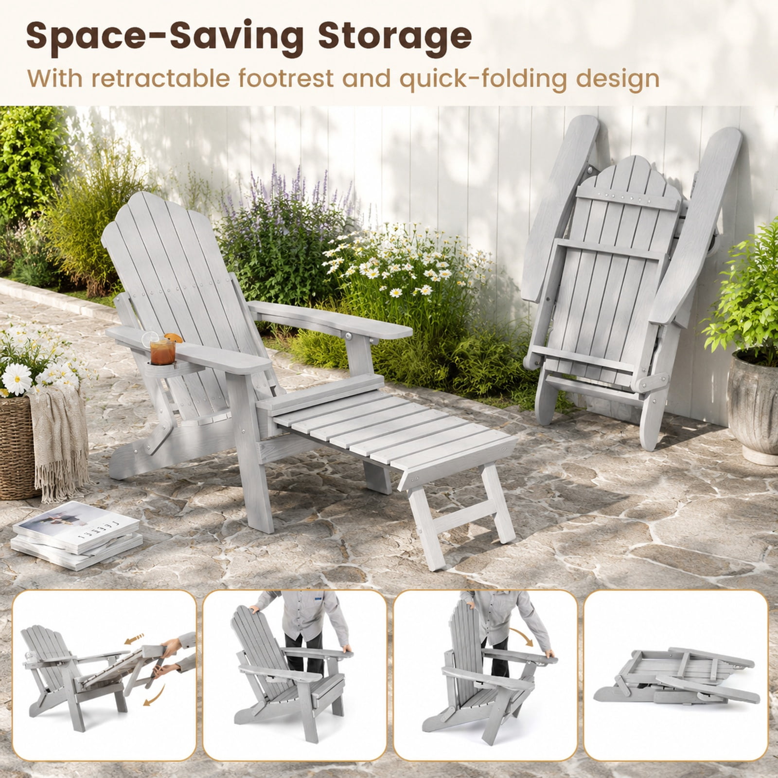 Furnibear All Weather HIPS Folding Adirondack Lounge Chair with 4 Position Backrest Retractable Footrest and Cup Holder for Patio Lawn Garden, Gray