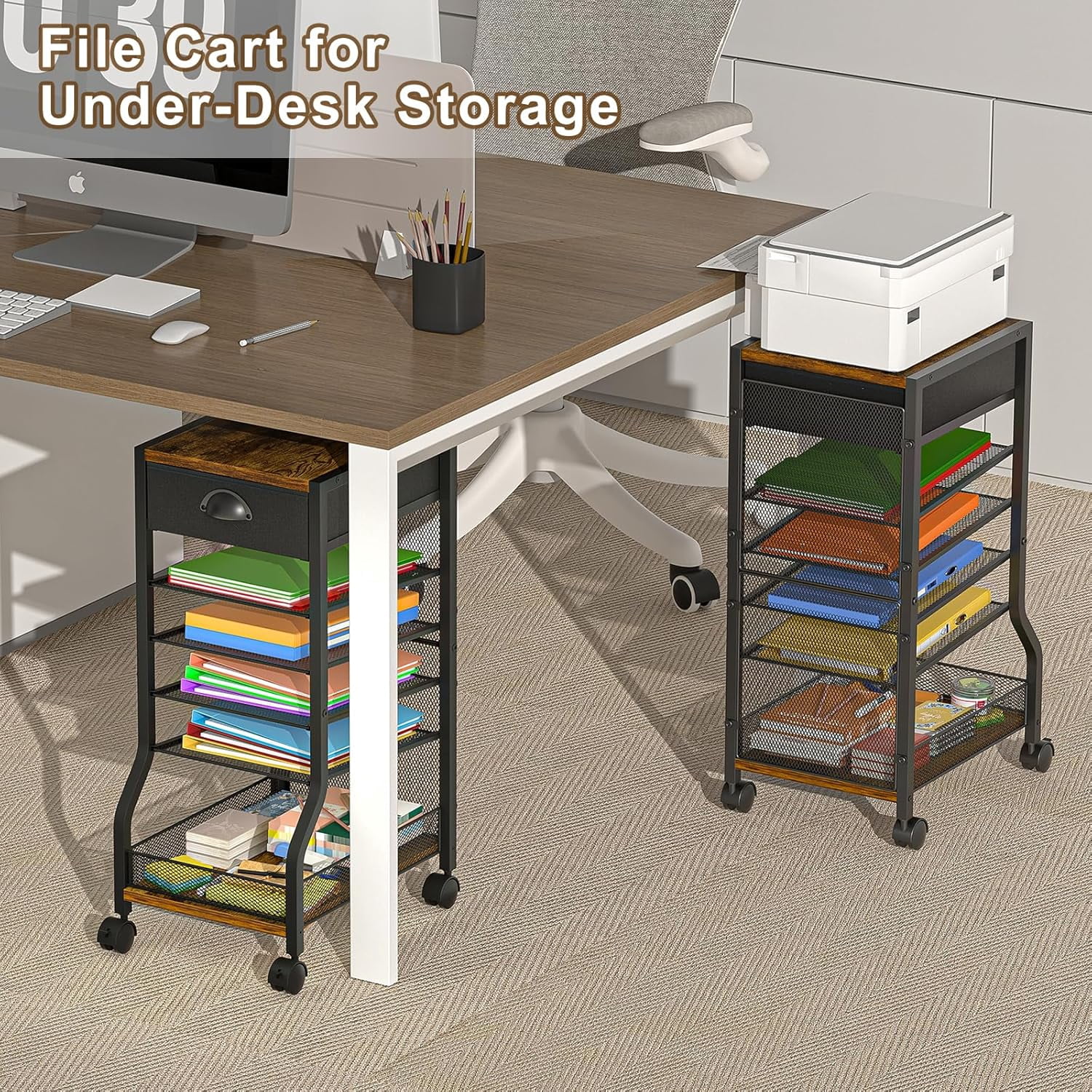 6-Tier Rolling File Cart with Drawer, Under Desk Storage with Paper Letter Sliding Trays, Standing File Organizer with Wheels, Slim Workspace Organizers for Office/Home/School/Study