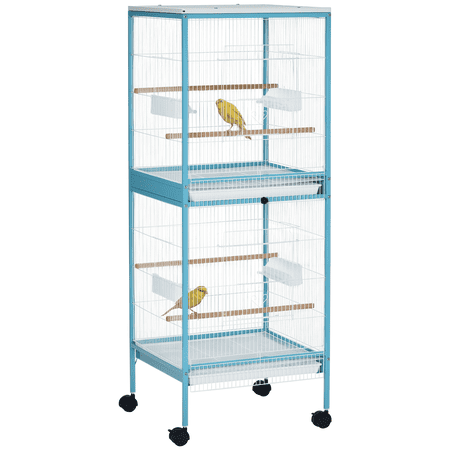 Bird Cage with Wheels, 2-Tier Steel and Wood Double Aviary with Removable Trays and Perches, 20.3 x 19.7 x 55.1 in, Light Blue