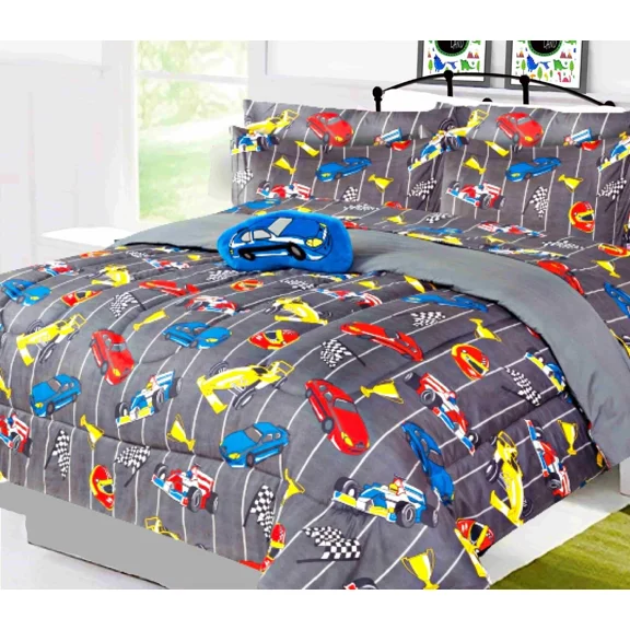 Flip & Snuggle Reversible 8-Piece Full Size Racing Car Blue Bedding Set with Plush Toy & Matching Sheets