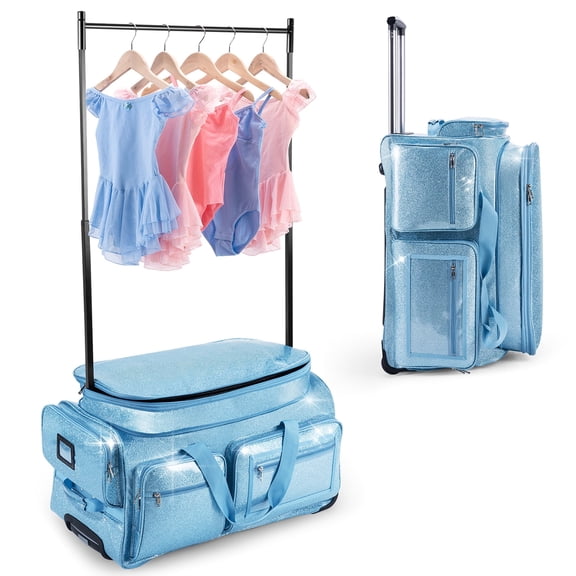 Dance Bag with Garment Rack, Glitter Blue 28" Dance Competition Must Haves Competition Dance Bag with Rack, Costumes Rolling Garment Bags For Travel Collapsible Suitcase for Dancers Performers