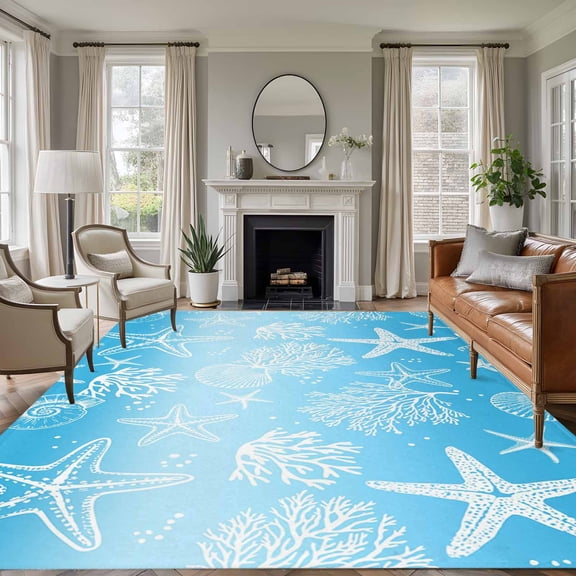 Area Rug for Living Room, Blue Ombre Coastal Non-Slip Indoor Ex Large Carpet for Bedroom/Dining Room, Sea Nautical Summer Beach Starfish Coral Washable Low-Profile Floor Runner Rugs - 8 x 10 Ft