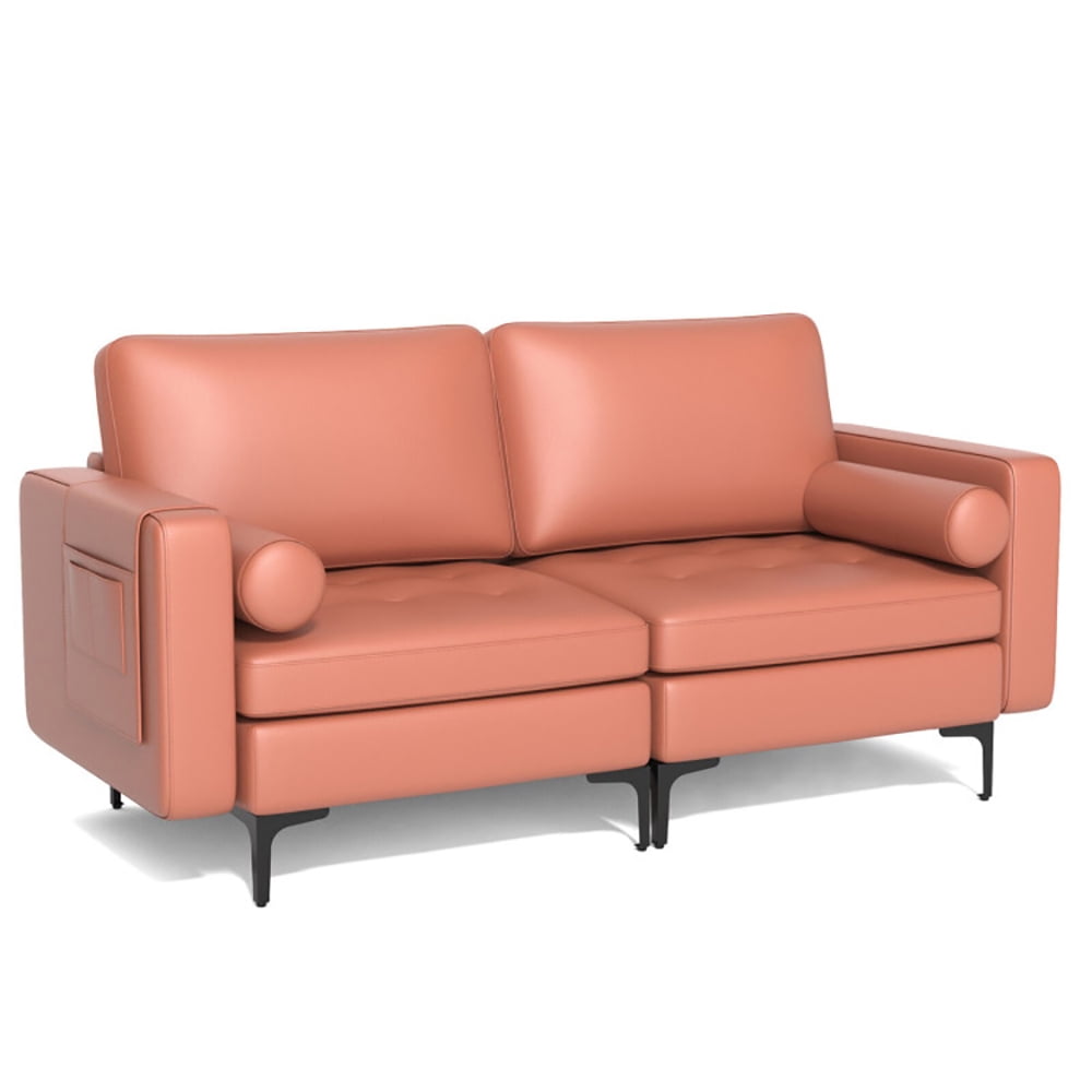 Finihen Loveseat Sofa, Modern Loveseat Sofa with 2 Bolsters and Side Storage Pocket, for Living Room, Bedroom, Pink