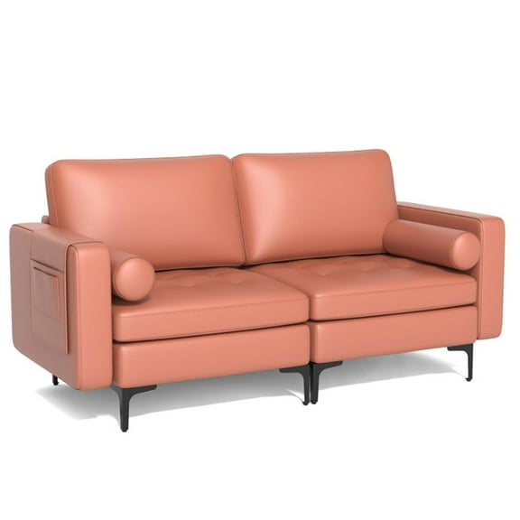 Canddidliike Modern Loveseat Sofa with 2 Bolsters and Side Storage Pocket-Pink, Love Seats Furniture Suitable for Small Spaces, Living Room, Office, Soft Couch Easy to Install