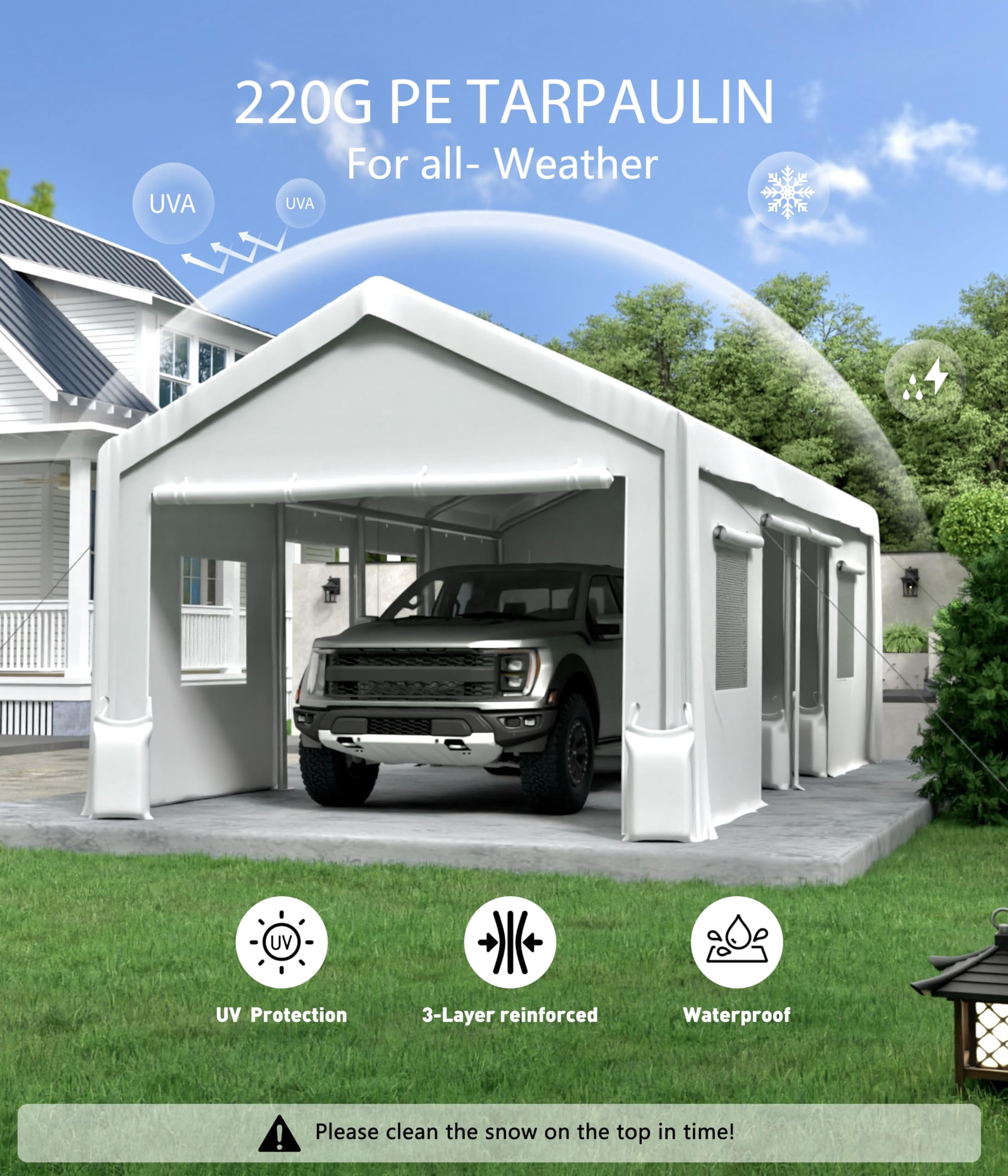Carport Replacement Canopy Cover, Garage Tent Shelter Tarp, Heavy-Duty Waterproof & UV Protected, Easy Installation (Frame Not Included)
