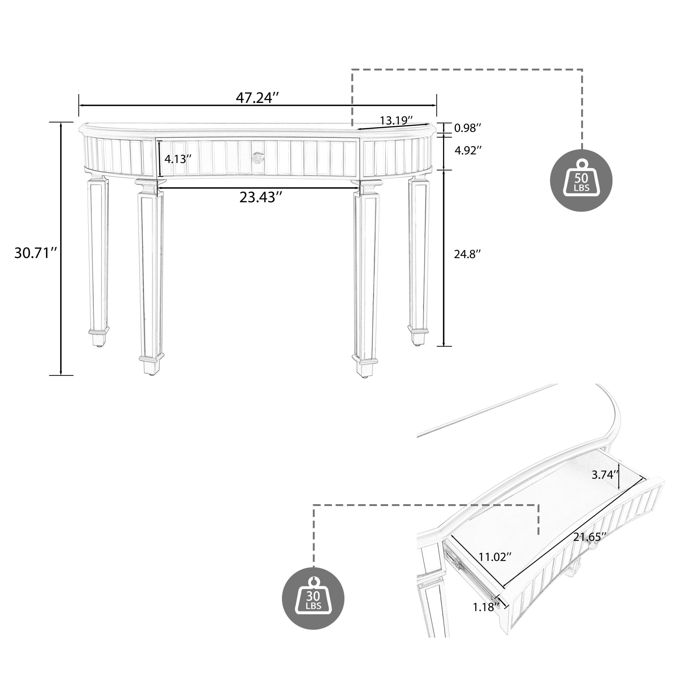 Curved Glass Console Table with Fluted & Crystal Knob Drawer, Mirrored Entryway Display Table, Multi-functional Vanity Desk