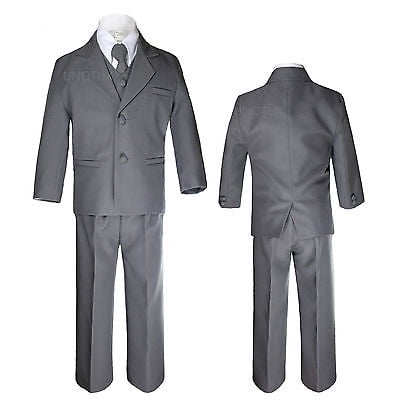 Boys Baby Toddler Kid Party Formal Wedding Dark Grey Tuxedo 5pc Suits Set Sz S-7