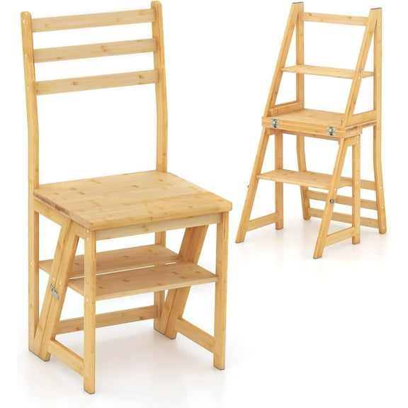 YEXJ Folding Step Ladder Chair, 3-Step Bamboo Ladder Stool, Multifunctional 3-in-1 Convertible Step Stool, Display Stand Flower Stand for Library, Kitchen, Office, 330 lbs Capacity, Natural